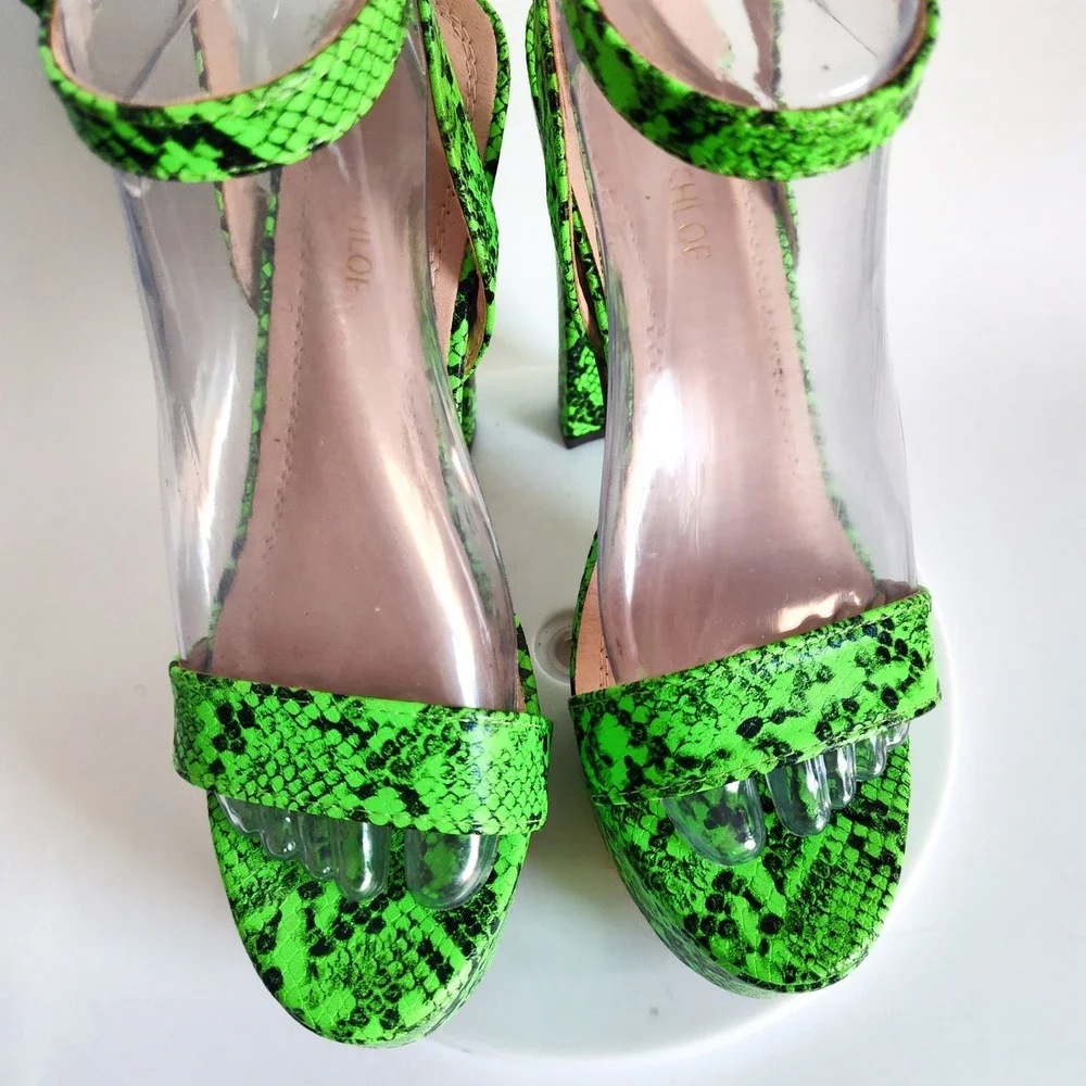 Chase‎ + Chloe Platform Sandals 7.5 Neon Green Snakeskin Ankle Strap Block Heel